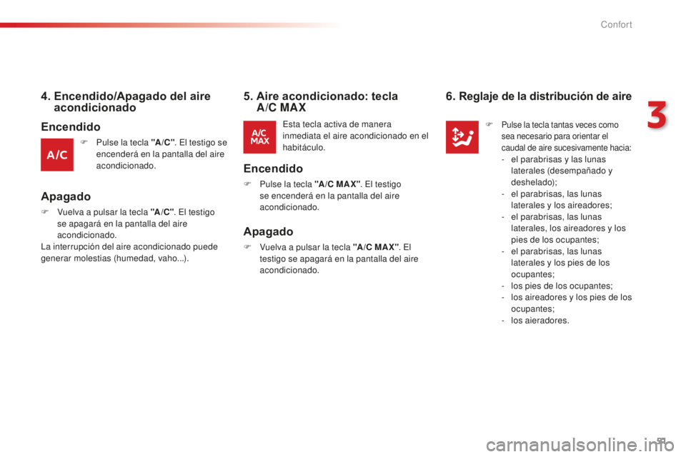CITROEN C-ELYSÉE 2016 Manuales de Empleo (in Spanish) 51
4. Encendido/Apagado del aire acondicionado
F Pulse la tecla "A /C " . el t estigo se
encenderá en la pantalla del aire
acondicionado.
Apagado
esta tecla activa de manera
inmediata el CITROEN C-ELYSÉE 2016 Manuales de Empleo (in Spanish) 51
4. Encendido/Apagado del aire acondicionado
F Pulse la tecla "A /C " . el t estigo se
encenderá en la pantalla del aire
acondicionado.
Apagado
esta tecla activa de manera
inmediata el