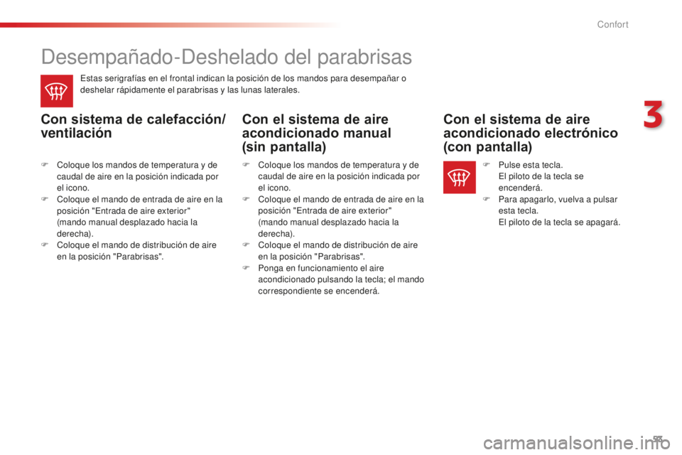 CITROEN C-ELYSÉE 2016 Manuales de Empleo (in Spanish) 53
desempañado-deshelado del parabrisas
estas serigrafías en el frontal indican la posición de los mandos para desempañar o
deshelar rápidamente el parabrisas y las lunas laterales.
Con sistema CITROEN C-ELYSÉE 2016 Manuales de Empleo (in Spanish) 53
desempañado-deshelado del parabrisas
estas serigrafías en el frontal indican la posición de los mandos para desempañar o
deshelar rápidamente el parabrisas y las lunas laterales.
Con sistema