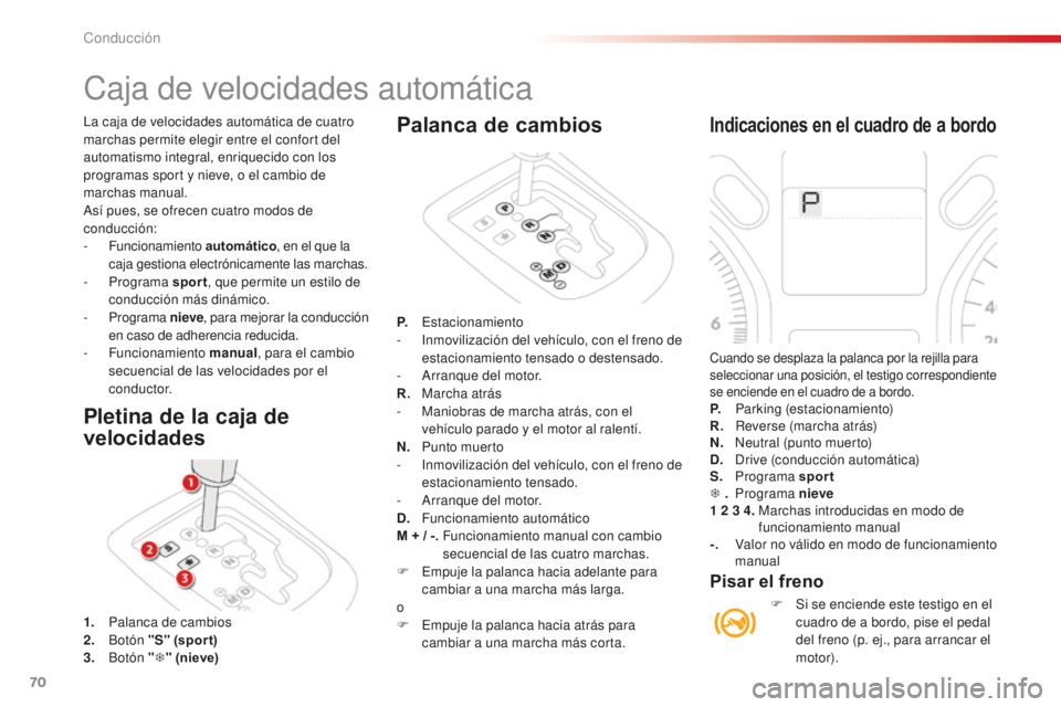 CITROEN C-ELYSÉE 2016 Manuales de Empleo (in Spanish) 70
la caja de velocidades automática de cuatro
marchas permite elegir entre el confort del
automatismo integral, enriquecido con los
programas sport y nieve, o el cambio de
marchas manual.
as
í CITROEN C-ELYSÉE 2016 Manuales de Empleo (in Spanish) 70
la caja de velocidades automática de cuatro
marchas permite elegir entre el confort del
automatismo integral, enriquecido con los
programas sport y nieve, o el cambio de
marchas manual.
as
í