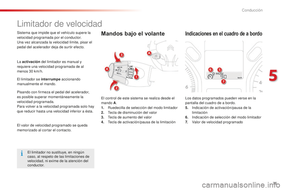 CITROEN C-ELYSÉE 2016 Manuales de Empleo (in Spanish) 75
limitador de velocidad
Sistema que impide que el vehículo supere la
velocidad programada por el conductor.
un
a vez alcanzada la velocidad límite, pisar el
pedal del acelerador deja de surtir e CITROEN C-ELYSÉE 2016 Manuales de Empleo (in Spanish) 75
limitador de velocidad
Sistema que impide que el vehículo supere la
velocidad programada por el conductor.
un
a vez alcanzada la velocidad límite, pisar el
pedal del acelerador deja de surtir e