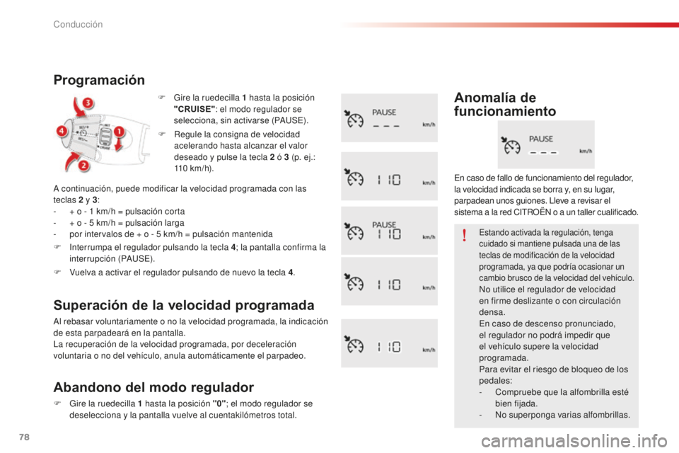 CITROEN C-ELYSÉE 2016 Manuales de Empleo (in Spanish) 78
F Gire la ruedecilla 1 hasta la posición
"CRUISE" : el modo regulador se
selecciona, sin activarse (P
a
u
Se)
.
Programación
a continuación, puede modificar la velocidad programada CITROEN C-ELYSÉE 2016 Manuales de Empleo (in Spanish) 78
F Gire la ruedecilla 1 hasta la posición
"CRUISE" : el modo regulador se
selecciona, sin activarse (P
a
u
Se)
.
Programación
a continuación, puede modificar la velocidad programada
