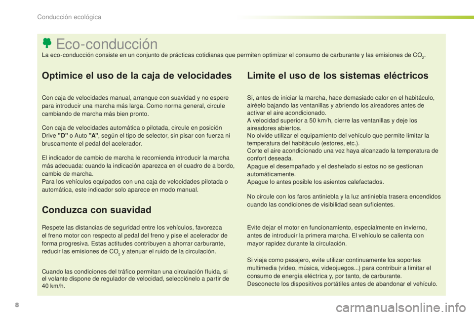 CITROEN C-ELYSÉE 2016 Manuales de Empleo (in Spanish) 8
Si viaja como pasajero, evite utilizar continuamente los soportes
multimedia (vídeo, música, videojuegos...) para contribuir a limitar el
consumo de energía eléctrica y, por tanto, de carburan CITROEN C-ELYSÉE 2016 Manuales de Empleo (in Spanish) 8
Si viaja como pasajero, evite utilizar continuamente los soportes
multimedia (vídeo, música, videojuegos...) para contribuir a limitar el
consumo de energía eléctrica y, por tanto, de carburan