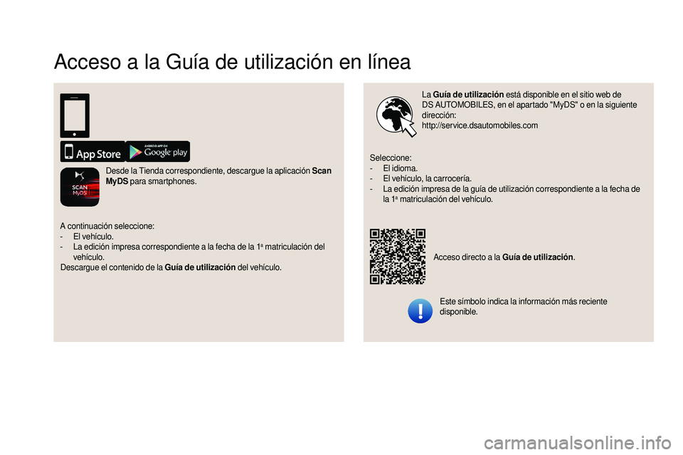 CITROEN DS3 2018  Manuales de Empleo (in Spanish) Acceso a la Guía de utilización en línea
La Guía de utilización  está disponible en el sitio web de 
DS   AUTOMOBILES, en el apartado "MyDS" o   en la siguiente 
dirección:
http://servi