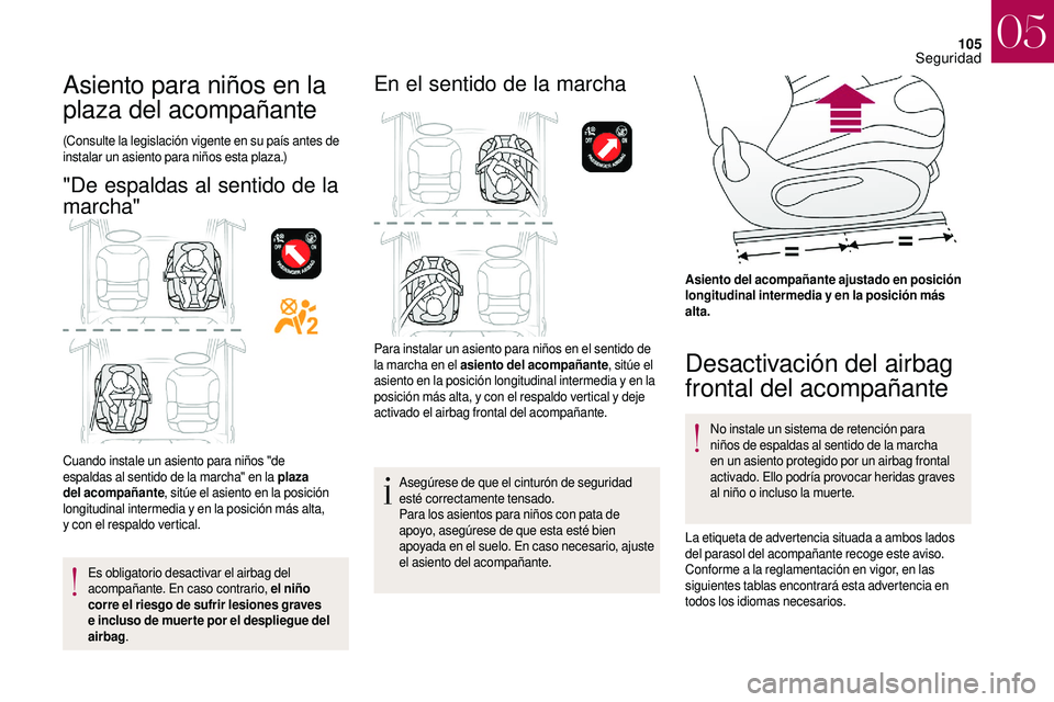 CITROEN DS3 2018 Manuales de Empleo (in Spanish) 105
Asiento para niños en la
plaza del acompañante
(Consulte la legislación vigente en su país antes de
instalar un asiento para niños esta plaza.)
"De espaldas al sentido de la
marcha" CITROEN DS3 2018 Manuales de Empleo (in Spanish) 105
Asiento para niños en la
plaza del acompañante
(Consulte la legislación vigente en su país antes de
instalar un asiento para niños esta plaza.)
"De espaldas al sentido de la
marcha"
