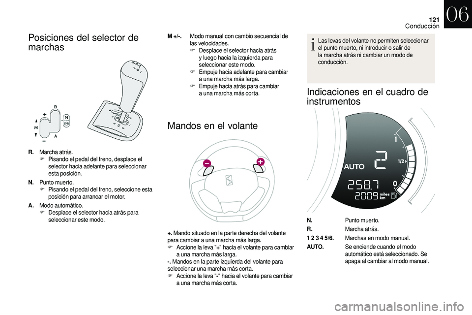 CITROEN DS3 2018 Manuales de Empleo (in Spanish) 121
Posiciones del selector de
marchas
R.Marcha atrás.
F P
isando el pedal del freno, desplace el
selector hacia adelante para seleccionar
esta posición.
N. Punto muerto.
F
P
isando el pedal de CITROEN DS3 2018 Manuales de Empleo (in Spanish) 121
Posiciones del selector de
marchas
R.Marcha atrás.
F P
isando el pedal del freno, desplace el
selector hacia adelante para seleccionar
esta posición.
N. Punto muerto.
F
P
isando el pedal de