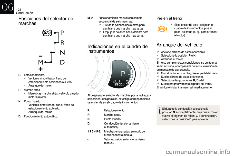 CITROEN DS3 2018 Manuales de Empleo (in Spanish) 128
Posiciones del selector de
marchas
P.Estacionamiento.
-
V ehículo inmovilizado, freno de
estacionamiento accionado o
suelto.
-
A
rranque del motor.
R. Marcha atrás.
-
M
aniobras marc CITROEN DS3 2018 Manuales de Empleo (in Spanish) 128
Posiciones del selector de
marchas
P.Estacionamiento.
-
V ehículo inmovilizado, freno de
estacionamiento accionado o
suelto.
-
A
rranque del motor.
R. Marcha atrás.
-
M
aniobras marc