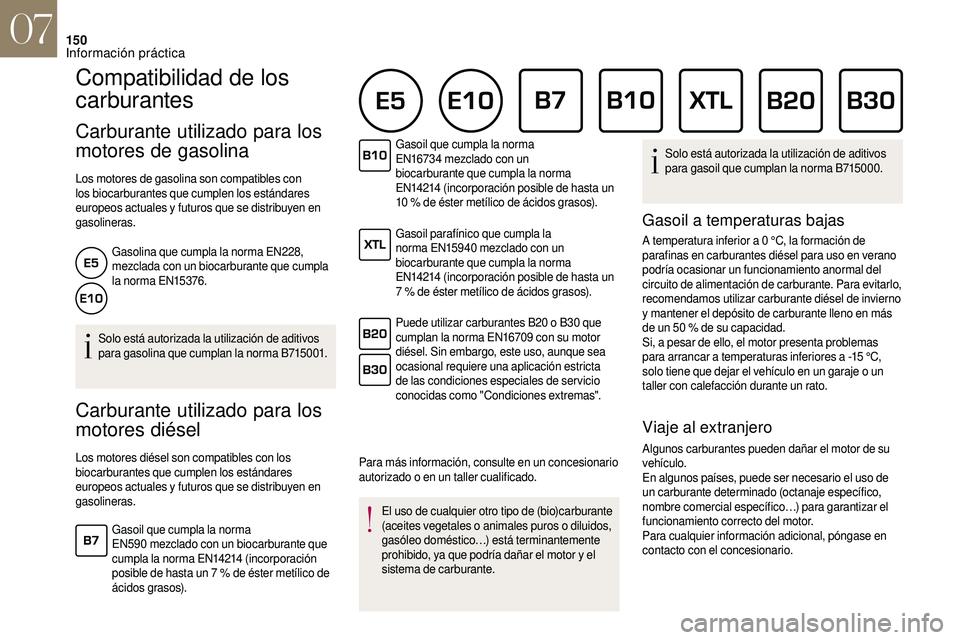 CITROEN DS3 2018 Manuales de Empleo (in Spanish) 150
Compatibilidad de los
carburantes
Carburante utilizado para los
motores de gasolina
Los motores de gasolina son compatibles con
los biocarburantes que cumplen los estándares
europeos actuales CITROEN DS3 2018 Manuales de Empleo (in Spanish) 150
Compatibilidad de los
carburantes
Carburante utilizado para los
motores de gasolina
Los motores de gasolina son compatibles con
los biocarburantes que cumplen los estándares
europeos actuales