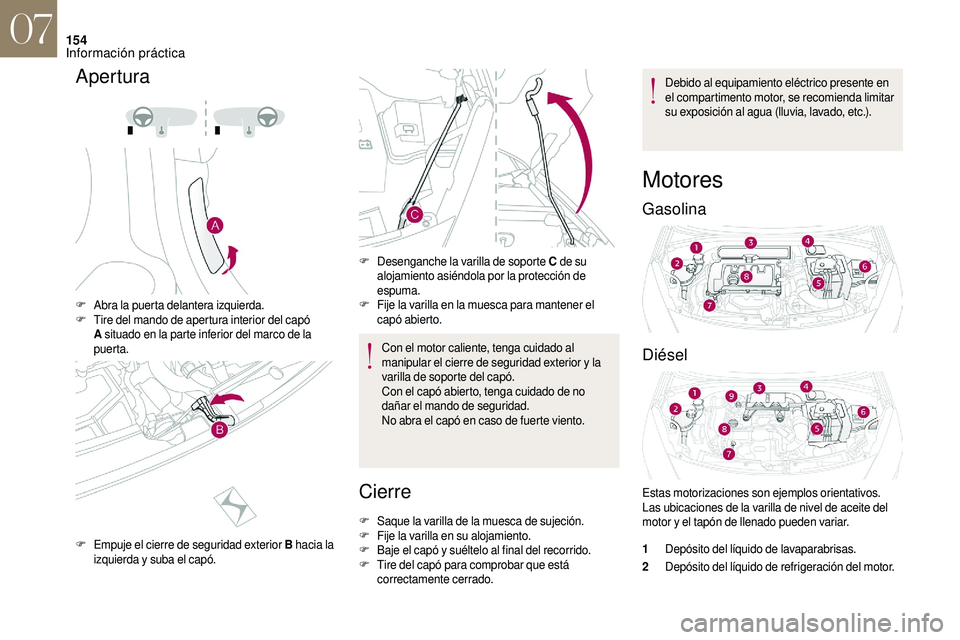 CITROEN DS3 2018 Manuales de Empleo (in Spanish) 154
Apertura
F Abra la puerta delantera izquierda.
F Tire del mando de apertura interior del capó
A situado en la parte inferior del marco de la
puerta.
F
E
mpuje el cierre de seguridad exterior CITROEN DS3 2018 Manuales de Empleo (in Spanish) 154
Apertura
F Abra la puerta delantera izquierda.
F Tire del mando de apertura interior del capó
A situado en la parte inferior del marco de la
puerta.
F
E
mpuje el cierre de seguridad exterior