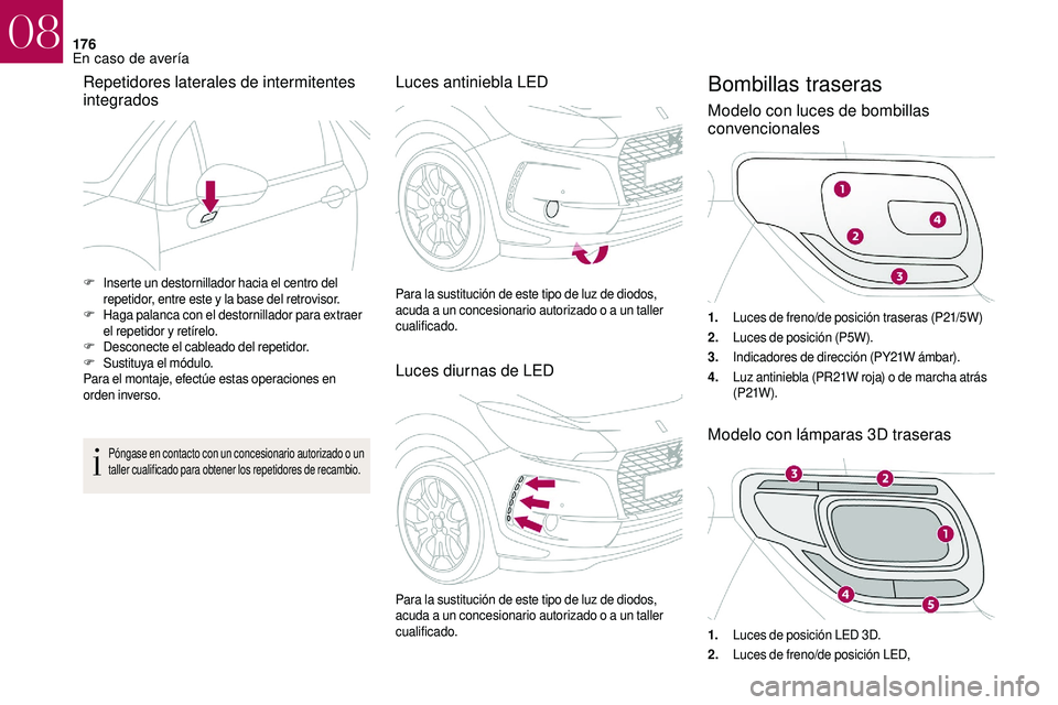CITROEN DS3 2018  Manuales de Empleo (in Spanish) 176
Repetidores laterales de intermitentes 
integrados
Póngase en contacto con un concesionario autorizado o un 
t aller cualificado para obtener los repetidores de recambio.
Luces antiniebla LED
Luc