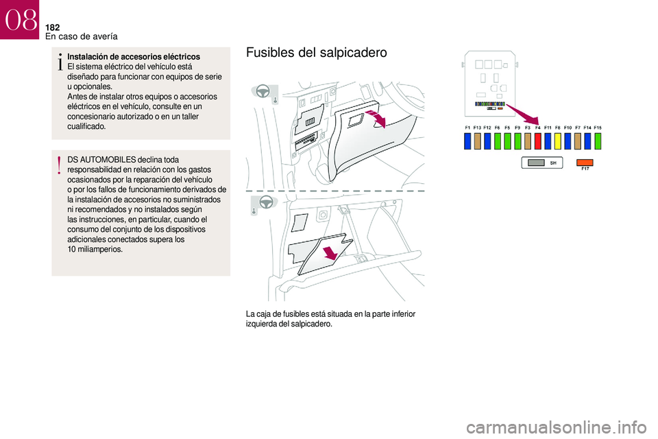 CITROEN DS3 2018  Manuales de Empleo (in Spanish) 182
Instalación de accesorios eléctricos
El sistema eléctrico del vehículo está 
diseñado para funcionar con equipos de serie 
u
 
opcionales.
Antes de instalar otros equipos o
  accesorios 
el