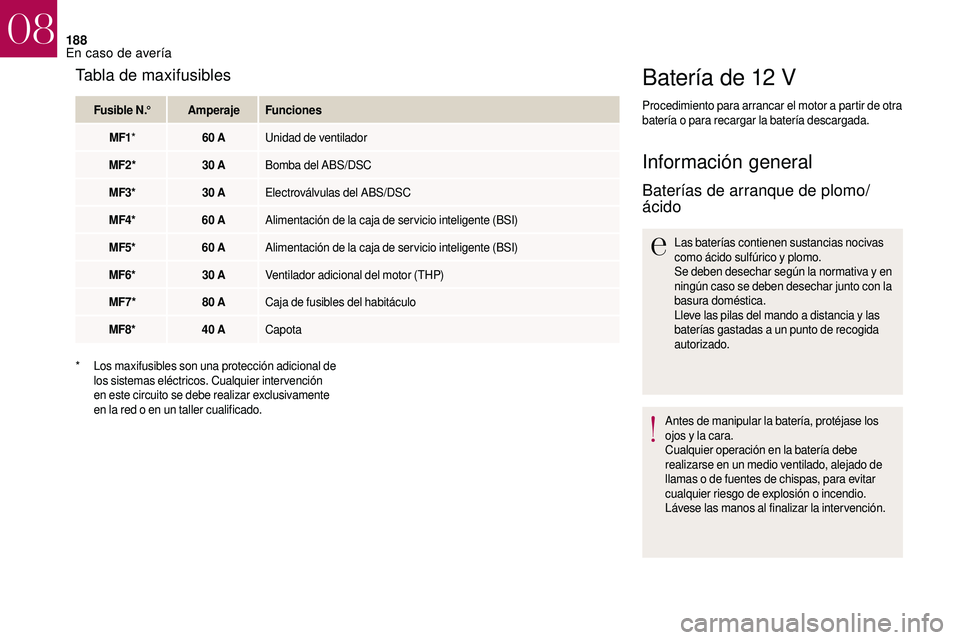 CITROEN DS3 2018  Manuales de Empleo (in Spanish) 188
Batería de 12 V
Procedimiento para arrancar el motor a partir de otra 
batería o   para recargar la batería descargada.
Información general
Baterías de arranque de plomo/
ácido
Las baterías