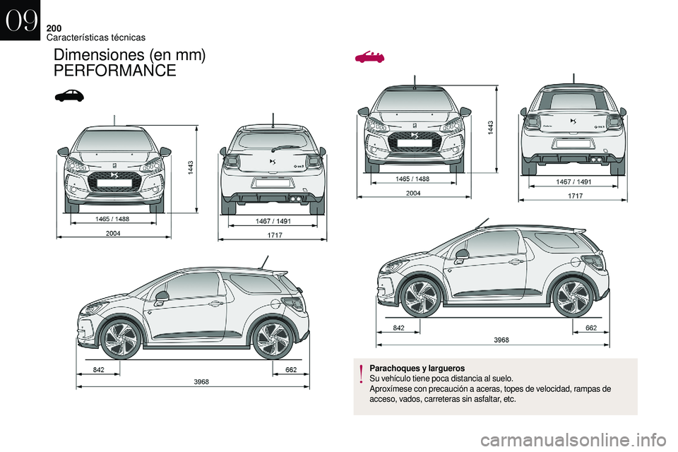 CITROEN DS3 2018  Manuales de Empleo (in Spanish) 200
Dimensiones (en mm) 
PERFORMANCE
Parachoques y largueros
Su vehículo tiene poca distancia al suelo.
Aproxímese con precaución a
  aceras, topes de velocidad, rampas de 
acceso, vados, carretera