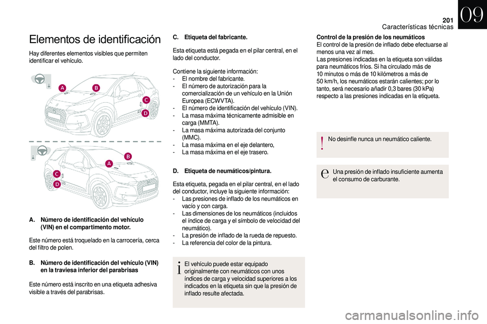 CITROEN DS3 2018  Manuales de Empleo (in Spanish) 201
Elementos	de	identificación
Hay diferentes elementos visibles que permiten 
identificar el vehículo.
A.Número de identificación del vehículo 
(VIN) en el compartimento motor.
B. Número de id