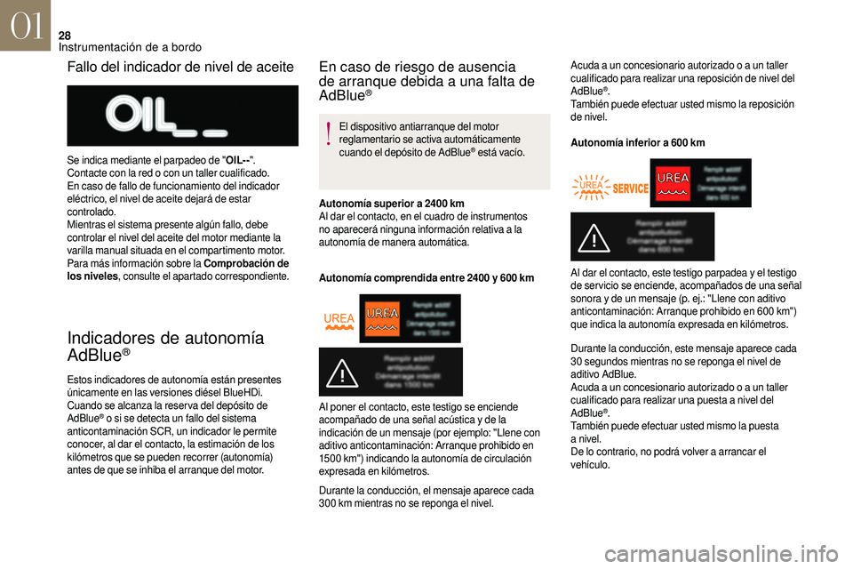 CITROEN DS3 2018 Manuales de Empleo (in Spanish) 28
Indicadores de autonomía
AdBlue®
Estos indicadores de autonomía están presentes
únicamente en las versiones diésel BlueHDi.
Cuando se alcanza la reser va del depósito de
AdBlue
® o si se CITROEN DS3 2018 Manuales de Empleo (in Spanish) 28
Indicadores de autonomía
AdBlue®
Estos indicadores de autonomía están presentes
únicamente en las versiones diésel BlueHDi.
Cuando se alcanza la reser va del depósito de
AdBlue
® o si se