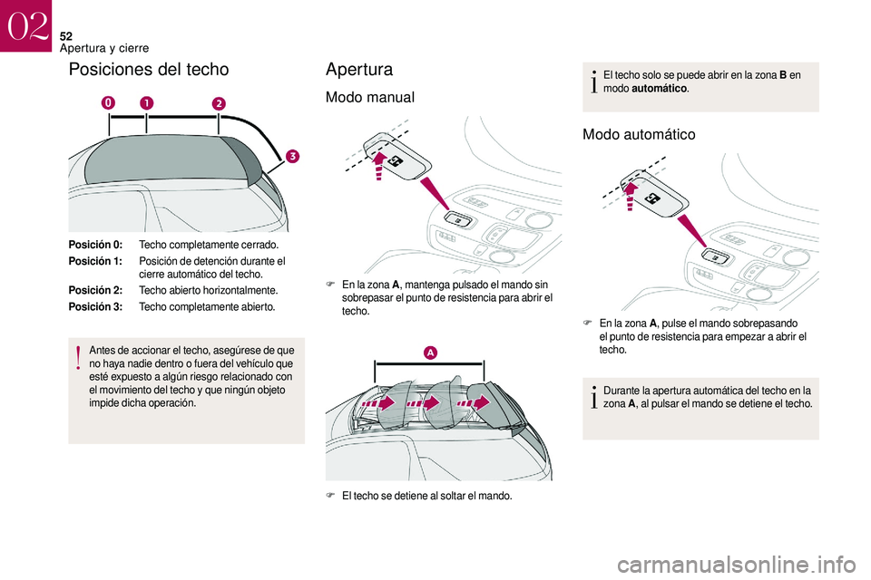 CITROEN DS3 2018 Manuales de Empleo (in Spanish) 52
Posiciones del techo
Posición 0:Techo completamente cerrado.
Posición 1: Posición de detención durante el
cierre automático del techo.
Posición 2: Techo abierto horizontalmente.
Posición 3: CITROEN DS3 2018 Manuales de Empleo (in Spanish) 52
Posiciones del techo
Posición 0:Techo completamente cerrado.
Posición 1: Posición de detención durante el
cierre automático del techo.
Posición 2: Techo abierto horizontalmente.
Posición 3: