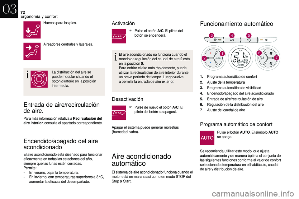 CITROEN DS3 2018  Manuales de Empleo (in Spanish) 72
Huecos para los pies.
Aireadores centrales y
 
laterales.
La distribución del aire se 
puede modular situando el 
botón giratorio en la posición 
intermedia.
Entrada de aire/recirculación 
de a