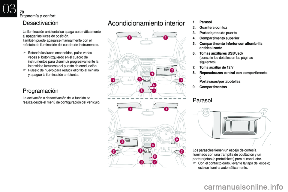 CITROEN DS3 2018  Manuales de Empleo (in Spanish) 78
Desactivación
La iluminación ambiental se apaga automáticamente 
al apagar las luces de posición.
También puede apagarse manualmente con el 
reóstato de iluminación del cuadro de instrumento
