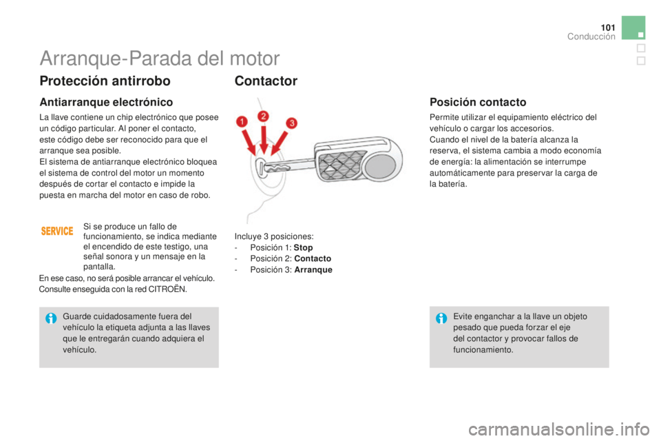 CITROEN DS3 2017  Manuales de Empleo (in Spanish) 101
DS3_es_Chap04_conduite_ed02-2015
Protección antirrobo
Antiarranque electrónico
La llave contiene un chip electrónico que posee 
un código particular. Al poner el contacto, 
este código debe s