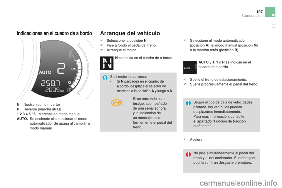 CITROEN DS3 2017  Manuales de Empleo (in Spanish) 107
DS3_es_Chap04_conduite_ed02-2015
Indicaciones en el cuadro de a bordo
N.   Neutral (punto muerto)
R.  
 R everse (marcha atrás)
1
  2   3   4   5   / 6.  Marchas en modo manual
AUT
o.   

 
S
 e 