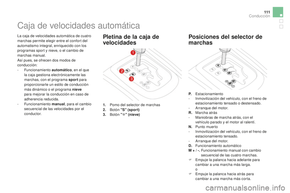 CITROEN DS3 2017  Manuales de Empleo (in Spanish) 111
DS3_es_Chap04_conduite_ed02-2015
La caja de velocidades automática de cuatro 
marchas permite elegir entre el confort del 
automatismo integral, enriquecido con los 
programas sport y nieve, o el