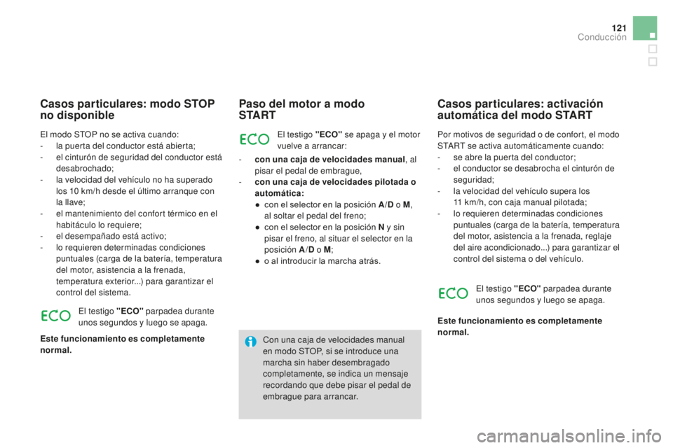 CITROEN DS3 2017  Manuales de Empleo (in Spanish) 121
DS3_es_Chap04_conduite_ed02-2015
Paso del motor a modo  
S TA R T
El testigo "ECo" s e apaga y el motor 
vuelve a arrancar:
-
 
c

on una caja de velocidades manual , al 
pisar el pedal de