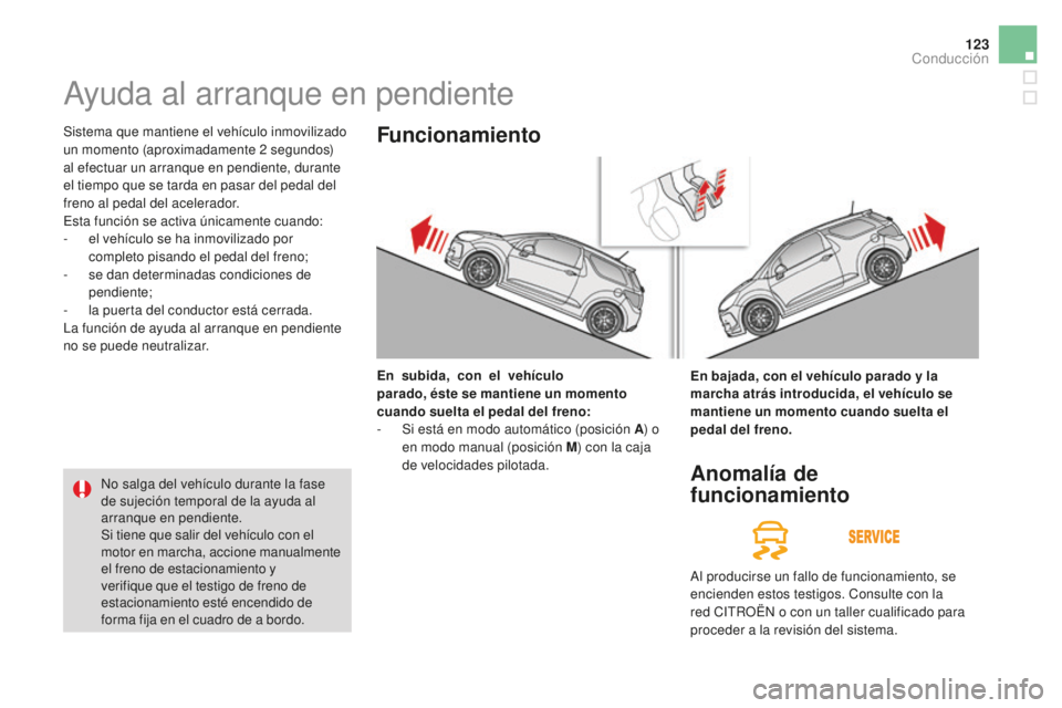CITROEN DS3 2017  Manuales de Empleo (in Spanish) 123
DS3_es_Chap04_conduite_ed02-2015
Ayuda al arranque en pendiente
Sistema que mantiene el vehículo inmovilizado 
un momento (aproximadamente 2 segundos) 
al efectuar un arranque en pendiente, duran