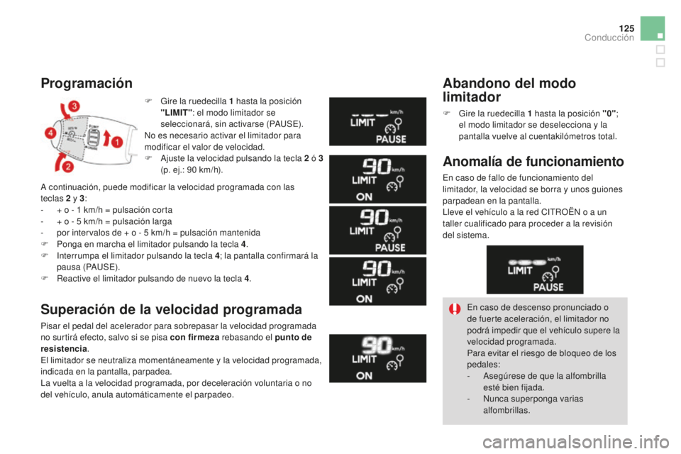 CITROEN DS3 2017  Manuales de Empleo (in Spanish) 125
DS3_es_Chap04_conduite_ed02-2015
F Gire la ruedecilla 1  hasta la posición 
"LIMIT" : el modo limitador se 
seleccionará, sin activarse (PAUSE).
No es necesario activar el limitador para