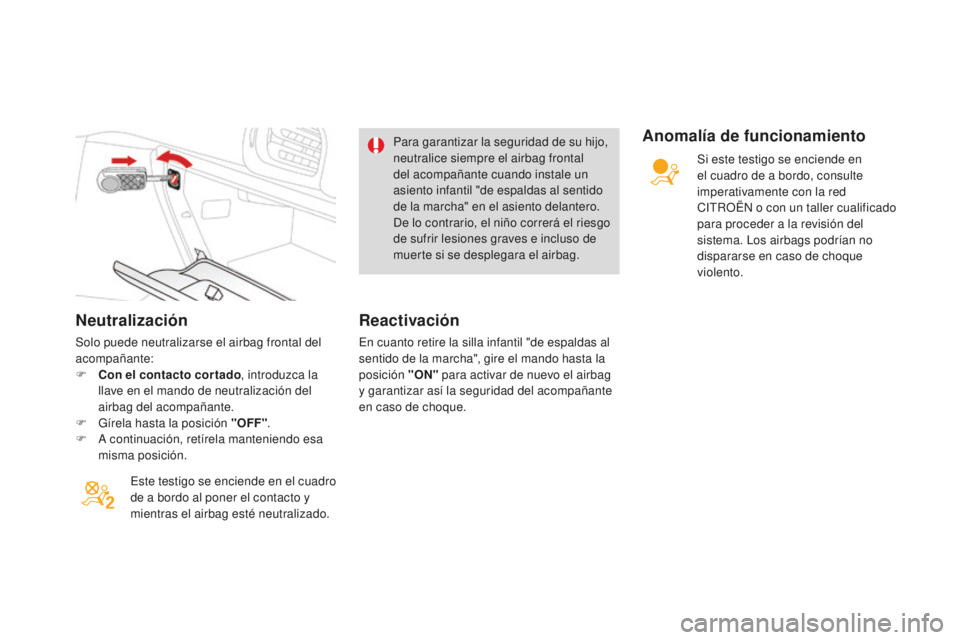 CITROEN DS3 2017  Manuales de Empleo (in Spanish) DS3_es_Chap06_securite_ed02-2015
Neutralización
Solo puede neutralizarse el airbag frontal del 
acompañante:
F 
C
 on el contacto cortado , introduzca la 
llave en el mando de neutralización del 
a