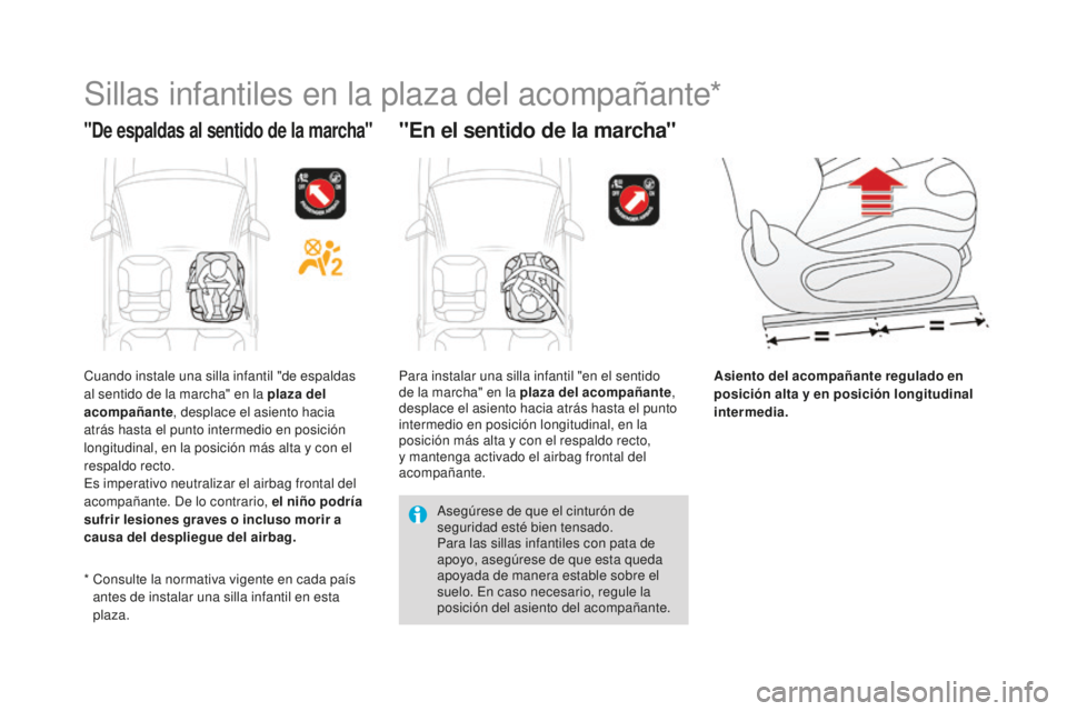 CITROEN DS3 2017  Manuales de Empleo (in Spanish) DS3_es_Chap07_securite-enfants_ed02-2015
Sillas infantiles en la plaza del acompañante*
"De espaldas al sentido de la marcha""En el sentido de la marcha"
Asiento del acompañante regu