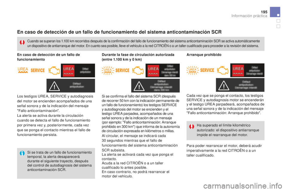 CITROEN DS3 2017  Manuales de Empleo (in Spanish) 195
DS3_es_Chap08_info-pratiques_ed02-2015
En caso de detección de un fallo de funcionamiento del sistema anticontaminación SCR
Si se trata de un fallo de funcionamiento 
temporal, la alerta desapar