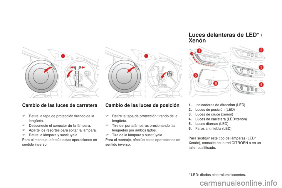 CITROEN DS3 2017  Manuales de Empleo (in Spanish) DS3_es_Chap08_info-pratiques_ed02-2015
Cambio de las luces de carreteraCambio de las luces de posición
F Retire la tapa de protección tirando de la 
lengüeta.
F
 
D
 esconecte el conector de la lá