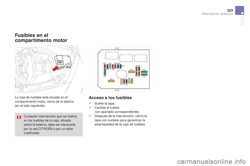CITROEN DS3 2017  Manuales de Empleo (in Spanish) 223
DS3_es_Chap08_info-pratiques_ed02-2015
Fusibles en el 
compartimento motor
La caja de fusibles está situada en el 
compartimento motor, cerca de la batería  
(en el lado izquierdo).Acceso a los 