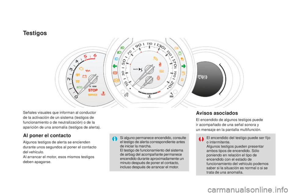 CITROEN DS3 2017  Manuales de Empleo (in Spanish) DS3_es_Chap01_controle-de-marche_ed02-2015
Señales visuales que informan al conductor 
de la activación de un sistema (testigos de 
funcionamiento o de neutralización) o de la 
aparición de una an