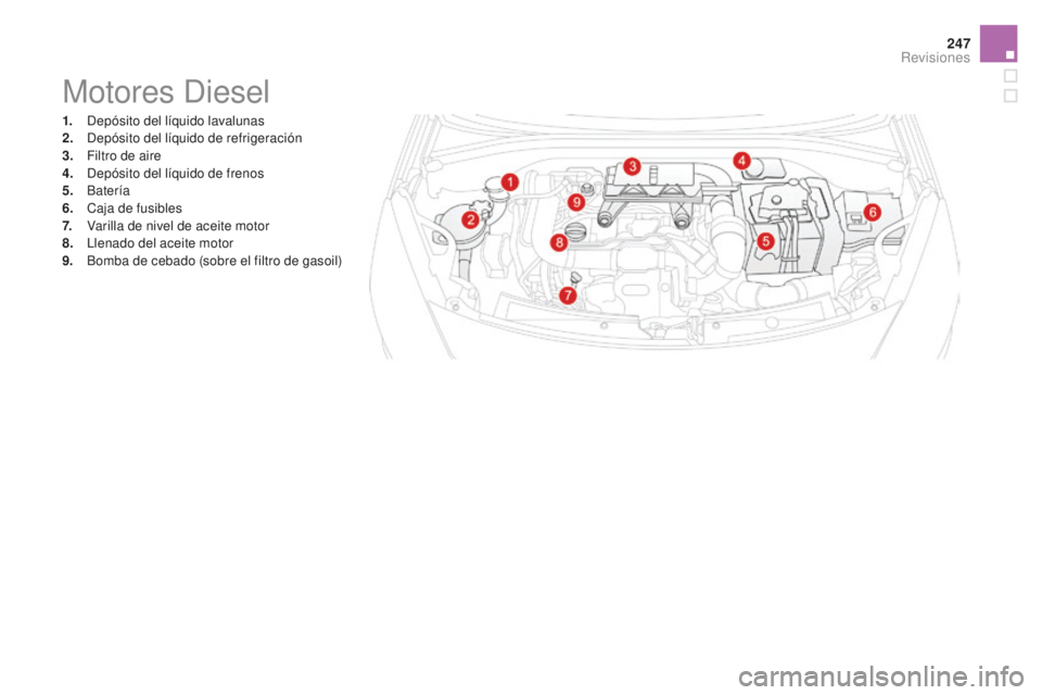 CITROEN DS3 2017 Manuales de Empleo (in Spanish) 247
DS3_es_Chap09_verifications_ed02-2015
Motores Diesel
1. Depósito del líquido lavalunas
2. Depósito del líquido de refrigeración
3.
F
iltro de aire
4.
D
epósito del líquido de frenos
5.
CITROEN DS3 2017 Manuales de Empleo (in Spanish) 247
DS3_es_Chap09_verifications_ed02-2015
Motores Diesel
1. Depósito del líquido lavalunas
2. Depósito del líquido de refrigeración
3.
F
iltro de aire
4.
D
epósito del líquido de frenos
5.