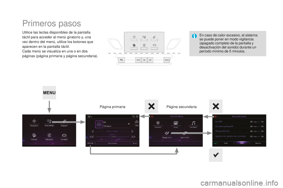 CITROEN DS3 2017 Manuales de Empleo (in Spanish) DS3_es_Chap11c_SMEGplus_ed02-2015
Primeros pasos
Utilice las teclas disponibles de la pantalla
táctil para acceder al menú giratorio y, una
vez dentro del menú, utilice los botones que
aparecen CITROEN DS3 2017 Manuales de Empleo (in Spanish) DS3_es_Chap11c_SMEGplus_ed02-2015
Primeros pasos
Utilice las teclas disponibles de la pantalla
táctil para acceder al menú giratorio y, una
vez dentro del menú, utilice los botones que
aparecen