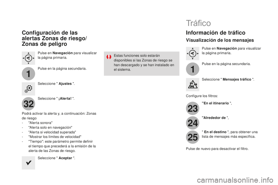 CITROEN DS3 2017 Manuales de Empleo (in Spanish) 11
23
24
25
32
DS3_es_Chap11c_SMEGplus_ed02-2015
Configuración de las
alertas Zonas de riesgo/
Zonas de peligro
Pulse en Navegación para visualizar
la página primaria.
Pulse en la página secunda CITROEN DS3 2017 Manuales de Empleo (in Spanish) 11
23
24
25
32
DS3_es_Chap11c_SMEGplus_ed02-2015
Configuración de las
alertas Zonas de riesgo/
Zonas de peligro
Pulse en Navegación para visualizar
la página primaria.
Pulse en la página secunda