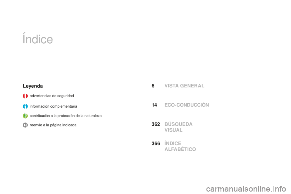 CITROEN DS3 2017 Manuales de Empleo (in Spanish) DS3_es_Chap00a_sommaire_ed02-2015
Índice
6 VISTA GENERAL
Leyenda
advertencias de seguridad
información complementaria
contribución a la protección de la naturaleza
reenvío a la página indicada
3 CITROEN DS3 2017 Manuales de Empleo (in Spanish) DS3_es_Chap00a_sommaire_ed02-2015
Índice
6 VISTA GENERAL
Leyenda
advertencias de seguridad
información complementaria
contribución a la protección de la naturaleza
reenvío a la página indicada
3