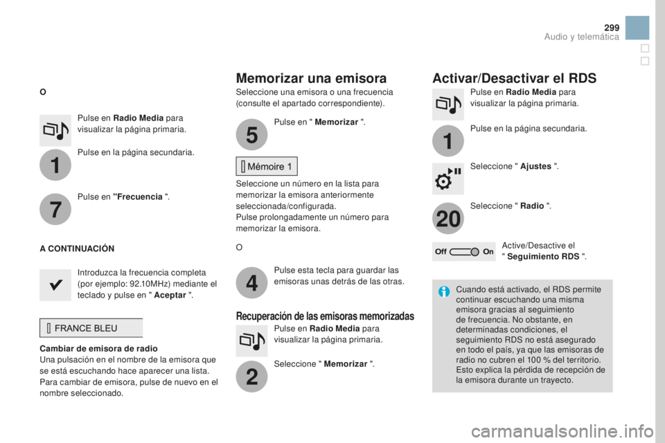 CITROEN DS3 2017 Manuales de Empleo (in Spanish) 1
1
20
5
4
2
7
299
DS3_es_Chap11c_SMEGplus_ed02-2015
Seleccione una emisora o una frecuencia
(consulte el apartado correspondiente).Pulse en Radio Media
para
visualizar la página primaria.
Pulse e CITROEN DS3 2017 Manuales de Empleo (in Spanish) 1
1
20
5
4
2
7
299
DS3_es_Chap11c_SMEGplus_ed02-2015
Seleccione una emisora o una frecuencia
(consulte el apartado correspondiente).Pulse en Radio Media
para
visualizar la página primaria.
Pulse e