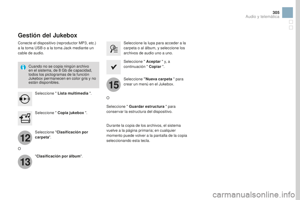 CITROEN DS3 2017 Manuales de Empleo (in Spanish) 12
13
15
305
DS3_es_Chap11c_SMEGplus_ed02-2015
Gestión del Jukebox
Conecte el dispositivo (reproductor MP3, etc.)
a la toma USB o a la toma Jack mediante un
cable de audio.Cuando no se copia ningú CITROEN DS3 2017 Manuales de Empleo (in Spanish) 12
13
15
305
DS3_es_Chap11c_SMEGplus_ed02-2015
Gestión del Jukebox
Conecte el dispositivo (reproductor MP3, etc.)
a la toma USB o a la toma Jack mediante un
cable de audio.Cuando no se copia ningú