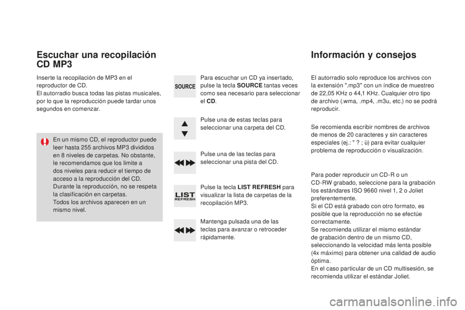 CITROEN DS3 2017 Manuales de Empleo (in Spanish) DS3_es_Chap11d_RD45_ed02-2015
El autorradio solo reproduce los archivos con
la extensión ".mp3" con un índice de muestreo
de 22,05 KHz o 44,1 KHz. Cualquier otro tipo
de archivo (.wma, CITROEN DS3 2017 Manuales de Empleo (in Spanish) DS3_es_Chap11d_RD45_ed02-2015
El autorradio solo reproduce los archivos con
la extensión ".mp3" con un índice de muestreo
de 22,05 KHz o 44,1 KHz. Cualquier otro tipo
de archivo (.wma,
