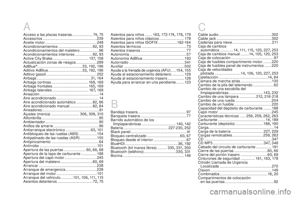 CITROEN DS3 2017  Manuales de Empleo (in Spanish) DS3_es_Chap12_index-recherche_ed02-2015
A
Acceso a las plazas traseras ....................74, 75
Accesorios  .................................................... 239
Aceite motor
 ...................