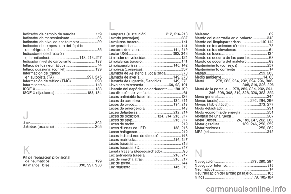 CITROEN DS3 2017 Manuales de Empleo (in Spanish) DS3_es_Chap12_index-recherche_ed02-2015
Lámparas (sustitución)...................212, 216 -218
Lavado (consejos) ......................................... 2
37
Lavalunas trasero
................. CITROEN DS3 2017 Manuales de Empleo (in Spanish) DS3_es_Chap12_index-recherche_ed02-2015
Lámparas (sustitución)...................212, 216 -218
Lavado (consejos) ......................................... 2
37
Lavalunas trasero
.................