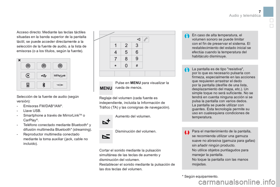 CITROEN DS3 2017 Manuales de Empleo (in Spanish) 7
Selección de la fuente de audio (según
versión):
- Emisoras FM/DAB*/AM*.
- Llave USB.
- Smartphone a través de MirrorLink
TM o
CarPlay®.
- Teléfono conectado mediante Bluetooth* y
difus CITROEN DS3 2017 Manuales de Empleo (in Spanish) 7
Selección de la fuente de audio (según
versión):
- Emisoras FM/DAB*/AM*.
- Llave USB.
- Smartphone a través de MirrorLink
TM o
CarPlay®.
- Teléfono conectado mediante Bluetooth* y
difus