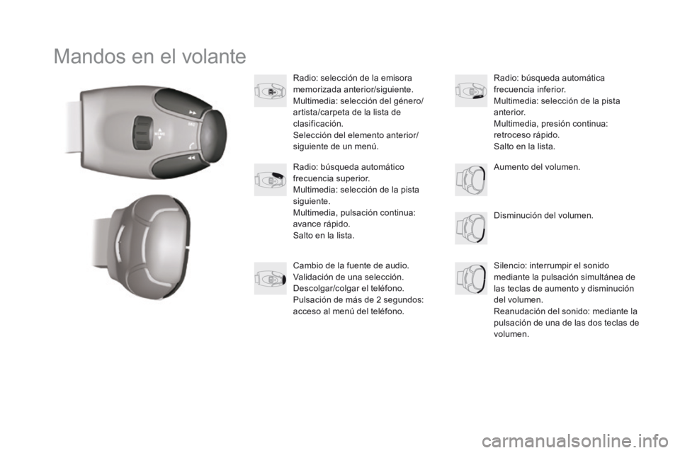 CITROEN DS3 2017  Manuales de Empleo (in Spanish) Mandos en el volante
Radio: selección de la emisora 
memorizada anterior/siguiente.
Multimedia: selección del género/
artista/carpeta de la lista de 
clasificación.
Selección del elemento anterio
