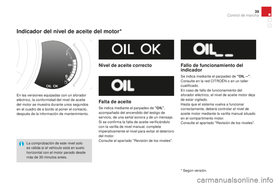 CITROEN DS3 2017  Manuales de Empleo (in Spanish) 39
DS3_es_Chap01_controle-de-marche_ed02-2015
En las versiones equipadas con un aforador 
eléctrico, la conformidad del nivel de aceite 
del motor se muestra durante unos segundos 
en el cuadro de a 