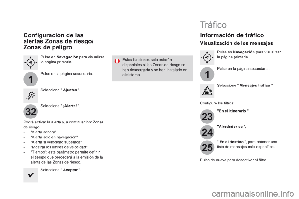 CITROEN DS3 2017  Manuales de Empleo (in Spanish) 11
23
24
25
32
Configuración de las 
alertas Zonas de riesgo/
Zonas de peligro
Pulse en Navegación para visualizar 
la página primaria.
Pulse en la página secundaria.
Seleccione " Ajustes  