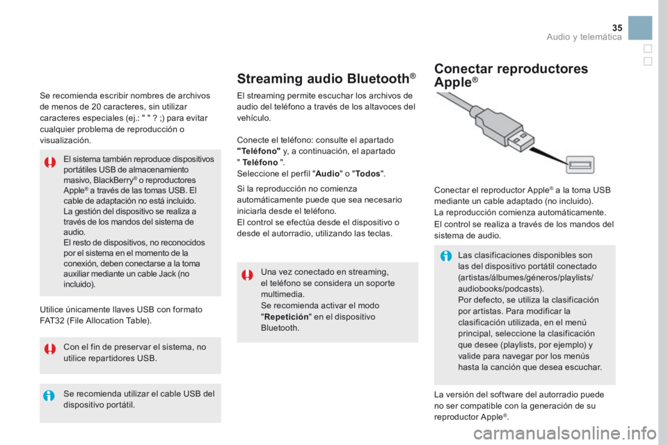 CITROEN DS3 2017  Manuales de Empleo (in Spanish) 35
Se recomienda escribir nombres de archivos 
de menos de 20 caracteres, sin utilizar 
caracteres especiales (ej.: " " ? ;) para evitar 
cualquier problema de reproducción o 
visualización.