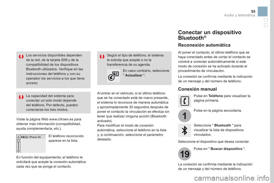 CITROEN DS3 2017  Manuales de Empleo (in Spanish) 1
19
55
Los servicios disponibles dependen 
de la red, de la tarjeta SIM y de la 
compatibilidad de los dispositivos 
Bluetooth utilizados. Verifique en las 
instrucciones del teléfono y con su 
oper