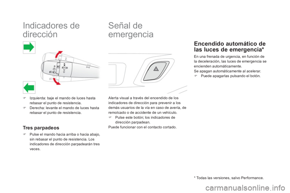 CITROEN DS3 2017  Manuales de Empleo (in Spanish)    
 
 
 
 
 
 
 
Indicadores de 
dirección 
   
 
�) 
  Izquierda: baje el mando de luces hasta 
rebasar el punto de resistencia. 
   
�) 
  Derecha: levante el mando de luces hasta 
rebasar el punt