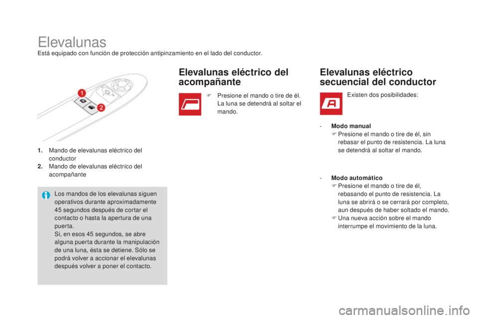 CITROEN DS3 2017  Manuales de Empleo (in Spanish) DS3_es_Chap02_ouvertures_ed02-2015
1. Mando de elevalunas eléctrico del conductor
2.
 M

ando de elevalunas eléctrico del 
acompañante
ElevalunasEstá equipado con función de protección antipinza